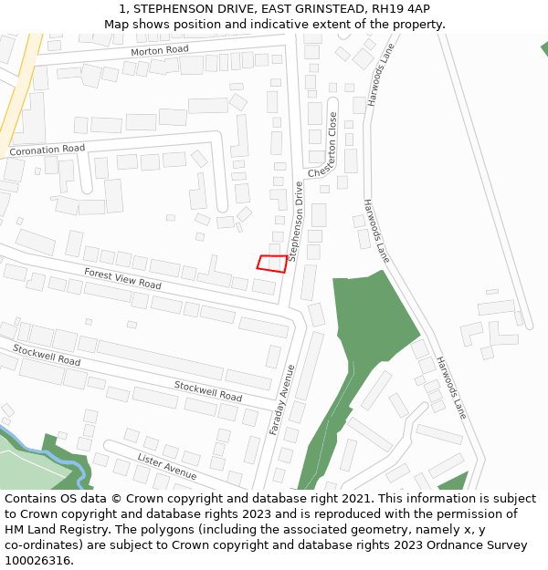 1, STEPHENSON DRIVE, EAST GRINSTEAD, RH19 4AP: Location map and indicative extent of plot