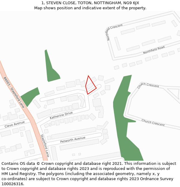 1, STEVEN CLOSE, TOTON, NOTTINGHAM, NG9 6JX: Location map and indicative extent of plot