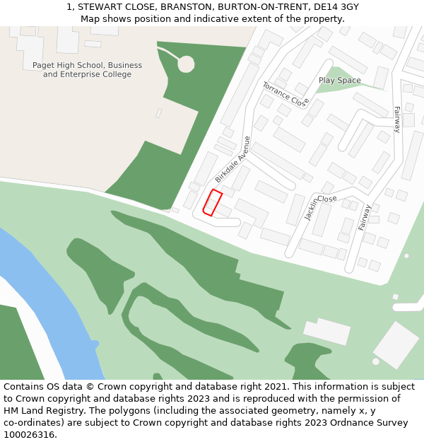 1, STEWART CLOSE, BRANSTON, BURTON-ON-TRENT, DE14 3GY: Location map and indicative extent of plot