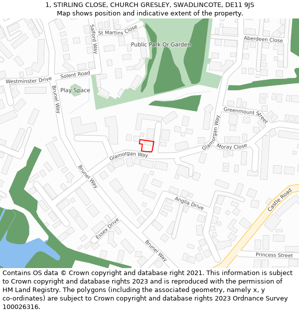 1, STIRLING CLOSE, CHURCH GRESLEY, SWADLINCOTE, DE11 9JS: Location map and indicative extent of plot