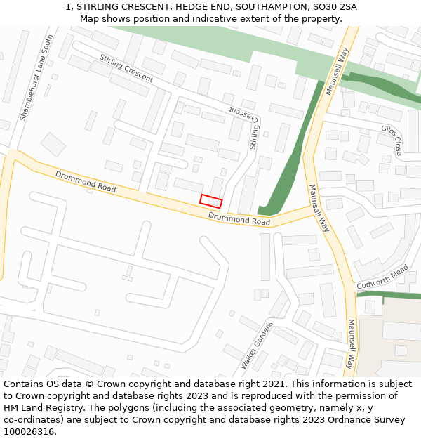 1, STIRLING CRESCENT, HEDGE END, SOUTHAMPTON, SO30 2SA: Location map and indicative extent of plot