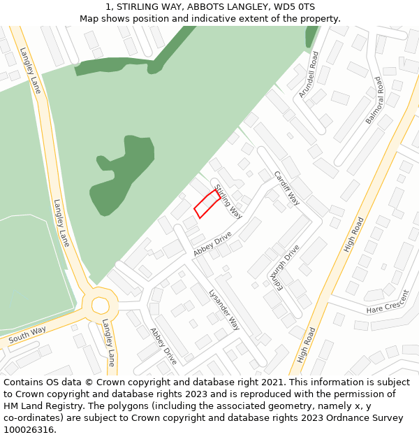 1, STIRLING WAY, ABBOTS LANGLEY, WD5 0TS: Location map and indicative extent of plot