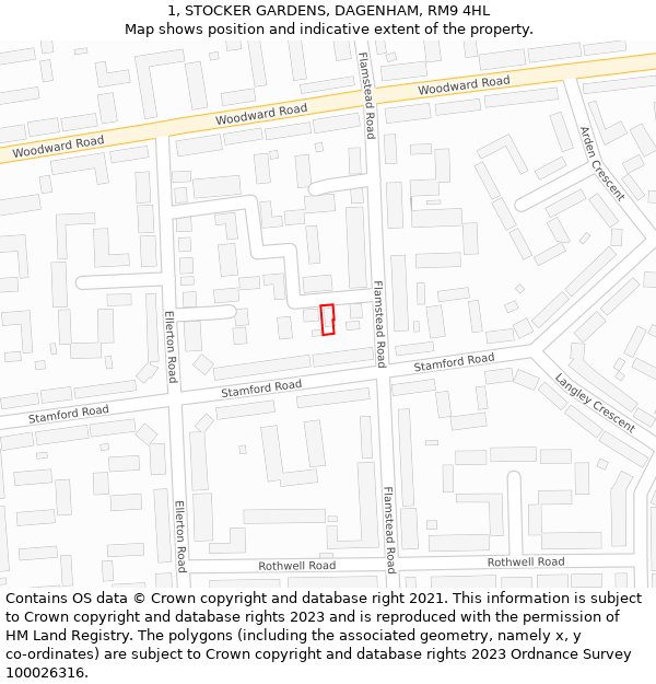 1, STOCKER GARDENS, DAGENHAM, RM9 4HL: Location map and indicative extent of plot