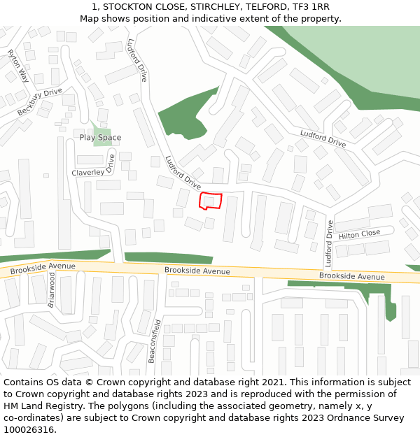 1, STOCKTON CLOSE, STIRCHLEY, TELFORD, TF3 1RR: Location map and indicative extent of plot