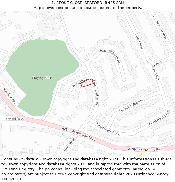 1, STOKE CLOSE, SEAFORD, BN25 3RN: Location map and indicative extent of plot