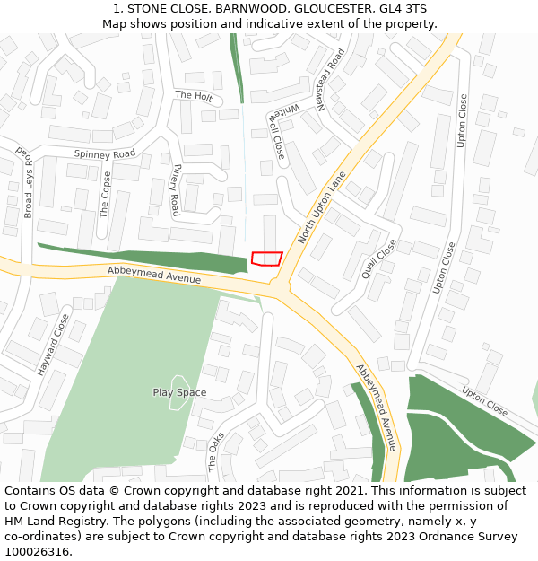 1, STONE CLOSE, BARNWOOD, GLOUCESTER, GL4 3TS: Location map and indicative extent of plot