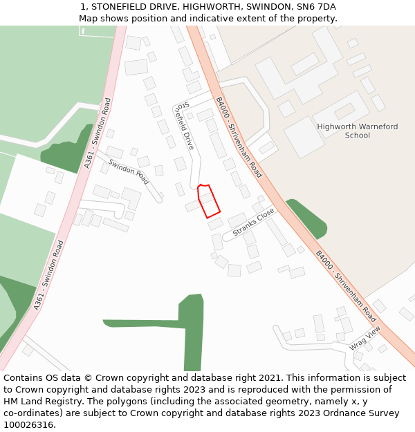 1, STONEFIELD DRIVE, HIGHWORTH, SWINDON, SN6 7DA: Location map and indicative extent of plot