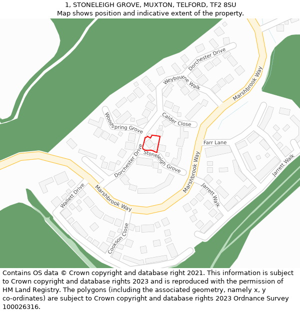 1, STONELEIGH GROVE, MUXTON, TELFORD, TF2 8SU: Location map and indicative extent of plot