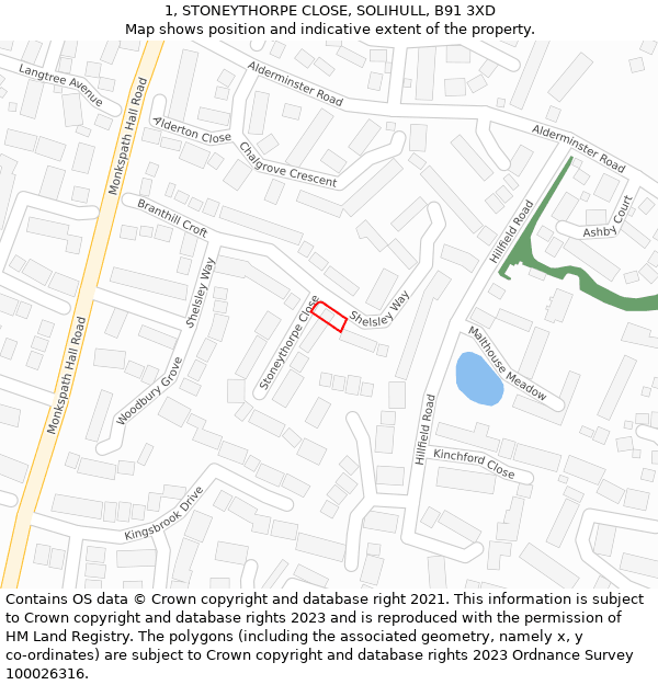 1, STONEYTHORPE CLOSE, SOLIHULL, B91 3XD: Location map and indicative extent of plot