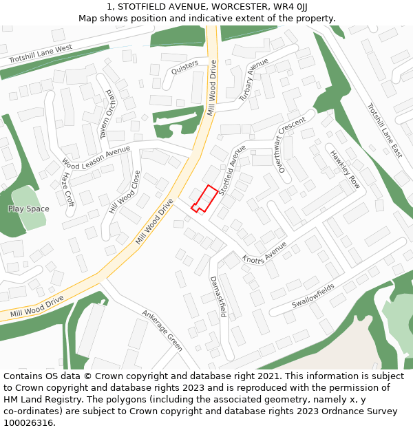 1, STOTFIELD AVENUE, WORCESTER, WR4 0JJ: Location map and indicative extent of plot