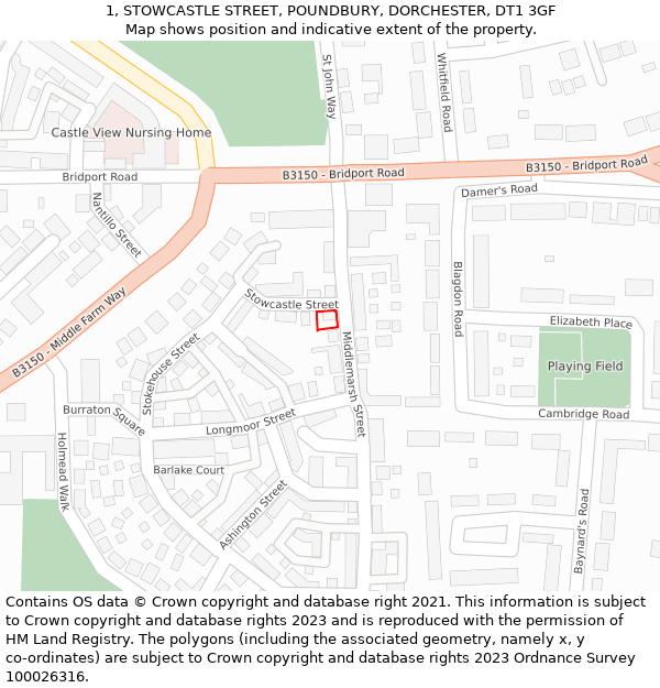 1, STOWCASTLE STREET, POUNDBURY, DORCHESTER, DT1 3GF: Location map and indicative extent of plot