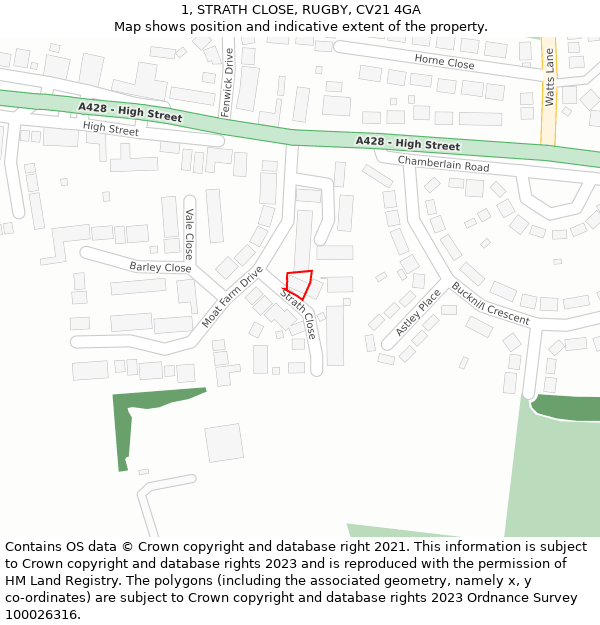 1, STRATH CLOSE, RUGBY, CV21 4GA: Location map and indicative extent of plot