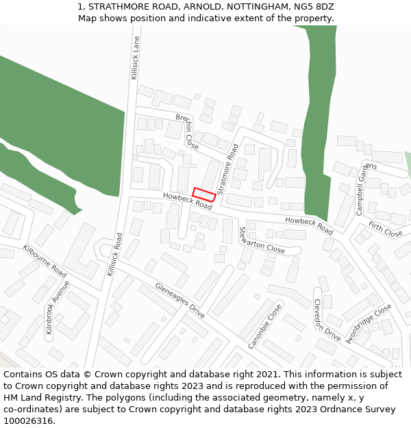 1, STRATHMORE ROAD, ARNOLD, NOTTINGHAM, NG5 8DZ: Location map and indicative extent of plot