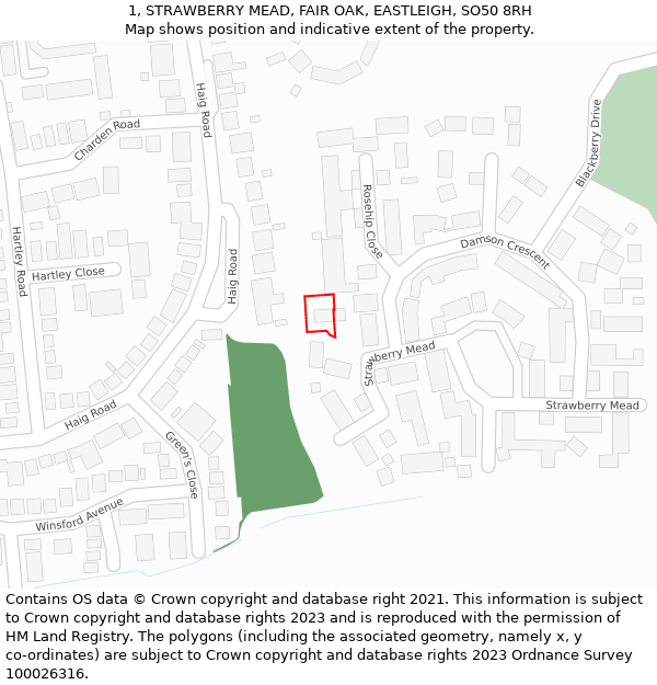 1, STRAWBERRY MEAD, FAIR OAK, EASTLEIGH, SO50 8RH: Location map and indicative extent of plot