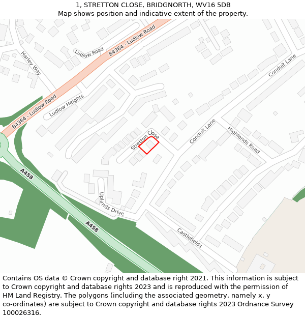 1, STRETTON CLOSE, BRIDGNORTH, WV16 5DB: Location map and indicative extent of plot