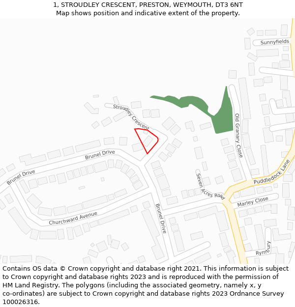 1, STROUDLEY CRESCENT, PRESTON, WEYMOUTH, DT3 6NT: Location map and indicative extent of plot