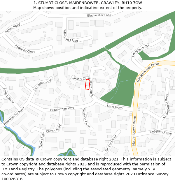 1, STUART CLOSE, MAIDENBOWER, CRAWLEY, RH10 7GW: Location map and indicative extent of plot