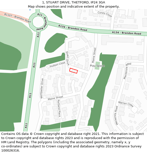 1, STUART DRIVE, THETFORD, IP24 3GA: Location map and indicative extent of plot