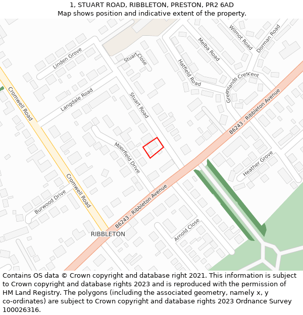 1, STUART ROAD, RIBBLETON, PRESTON, PR2 6AD: Location map and indicative extent of plot