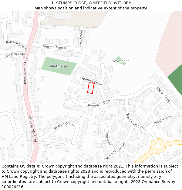 1, STUMPS CLOSE, WAKEFIELD, WF1 3RA: Location map and indicative extent of plot