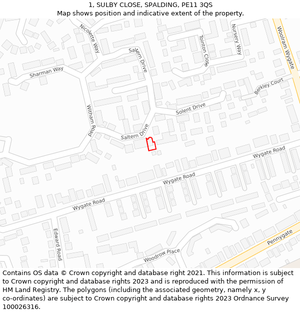 1, SULBY CLOSE, SPALDING, PE11 3QS: Location map and indicative extent of plot