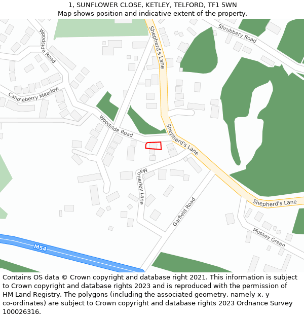 1, SUNFLOWER CLOSE, KETLEY, TELFORD, TF1 5WN: Location map and indicative extent of plot