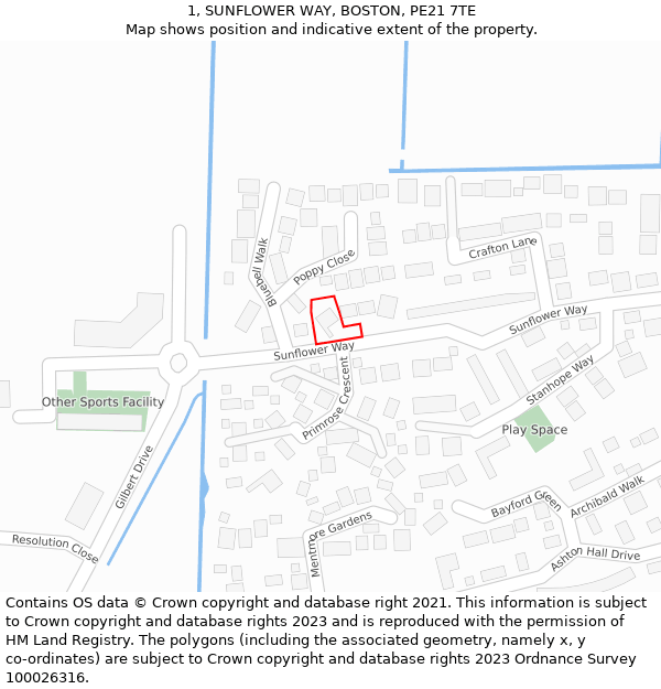 1, SUNFLOWER WAY, BOSTON, PE21 7TE: Location map and indicative extent of plot