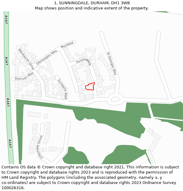 1, SUNNINGDALE, DURHAM, DH1 3WB: Location map and indicative extent of plot