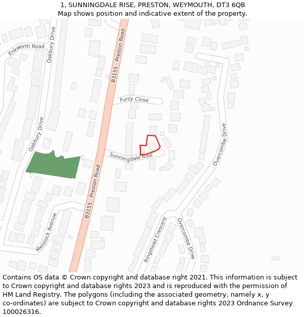 1, SUNNINGDALE RISE, PRESTON, WEYMOUTH, DT3 6QB: Location map and indicative extent of plot