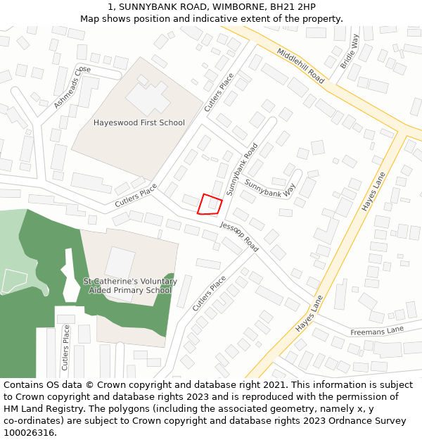 1, SUNNYBANK ROAD, WIMBORNE, BH21 2HP: Location map and indicative extent of plot