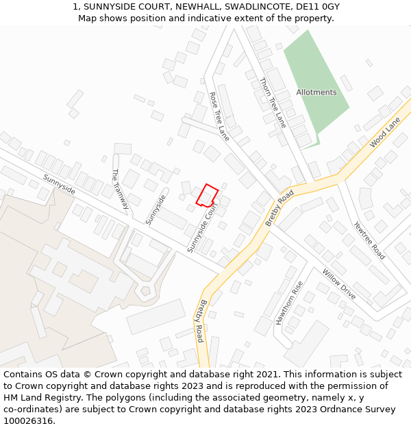 1, SUNNYSIDE COURT, NEWHALL, SWADLINCOTE, DE11 0GY: Location map and indicative extent of plot