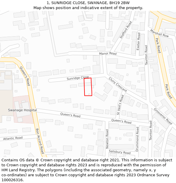 1, SUNRIDGE CLOSE, SWANAGE, BH19 2BW: Location map and indicative extent of plot