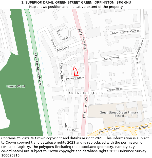 1, SUPERIOR DRIVE, GREEN STREET GREEN, ORPINGTON, BR6 6NU: Location map and indicative extent of plot