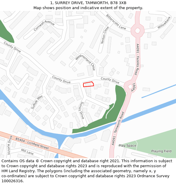 1, SURREY DRIVE, TAMWORTH, B78 3XB: Location map and indicative extent of plot