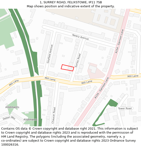 1, SURREY ROAD, FELIXSTOWE, IP11 7SB: Location map and indicative extent of plot