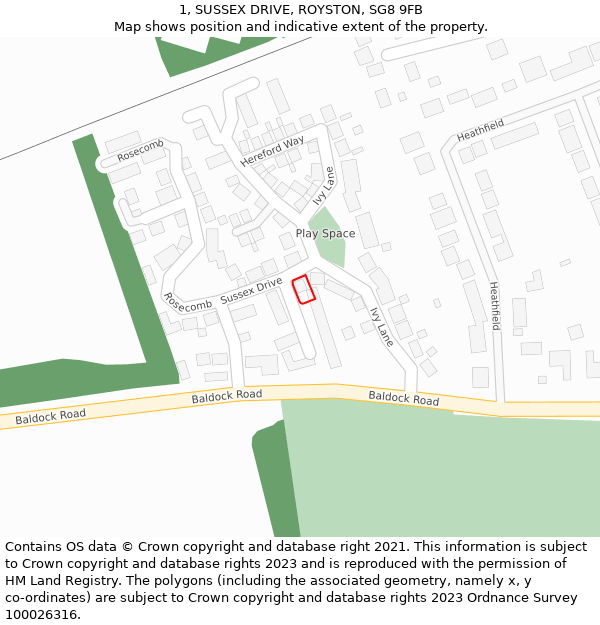 1, SUSSEX DRIVE, ROYSTON, SG8 9FB: Location map and indicative extent of plot