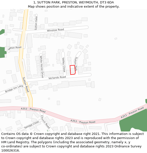 1, SUTTON PARK, PRESTON, WEYMOUTH, DT3 6DA: Location map and indicative extent of plot