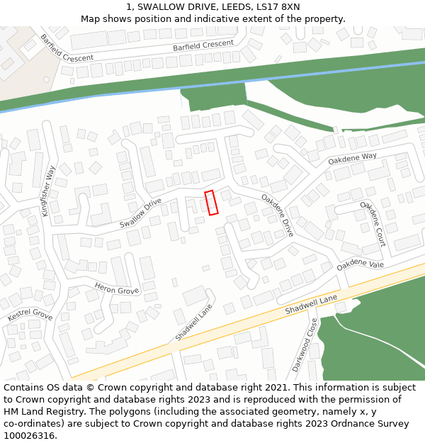 1, SWALLOW DRIVE, LEEDS, LS17 8XN: Location map and indicative extent of plot