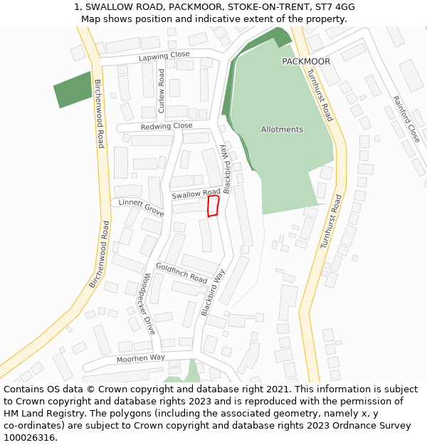1, SWALLOW ROAD, PACKMOOR, STOKE-ON-TRENT, ST7 4GG: Location map and indicative extent of plot