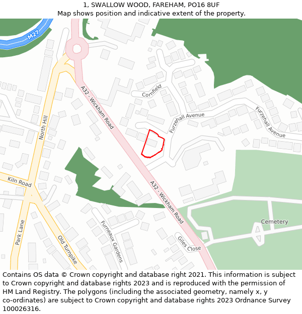 1, SWALLOW WOOD, FAREHAM, PO16 8UF: Location map and indicative extent of plot