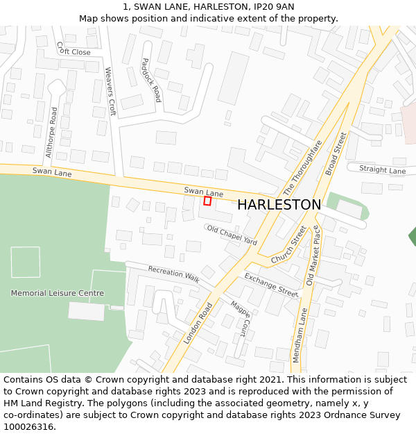 1, SWAN LANE, HARLESTON, IP20 9AN: Location map and indicative extent of plot