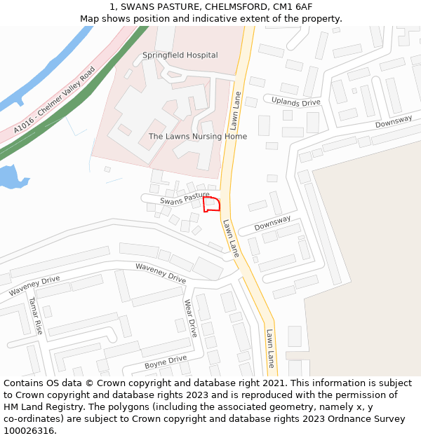 1, SWANS PASTURE, CHELMSFORD, CM1 6AF: Location map and indicative extent of plot