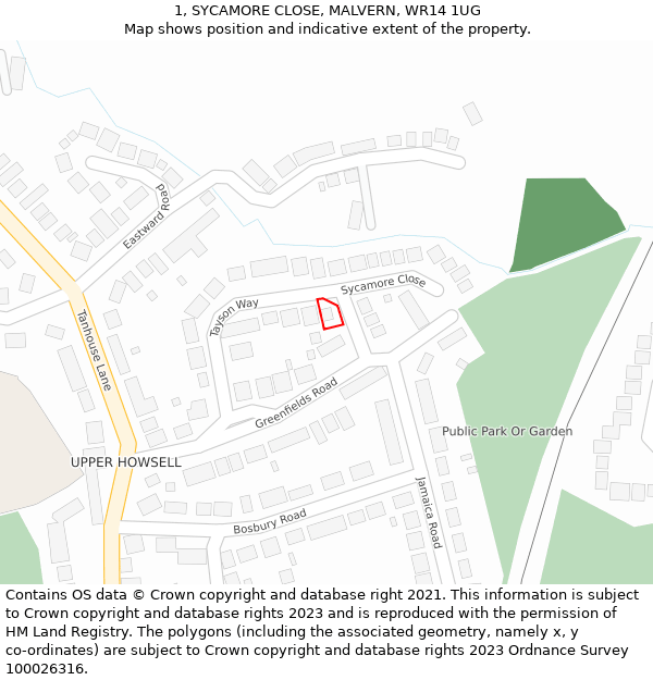 1, SYCAMORE CLOSE, MALVERN, WR14 1UG: Location map and indicative extent of plot