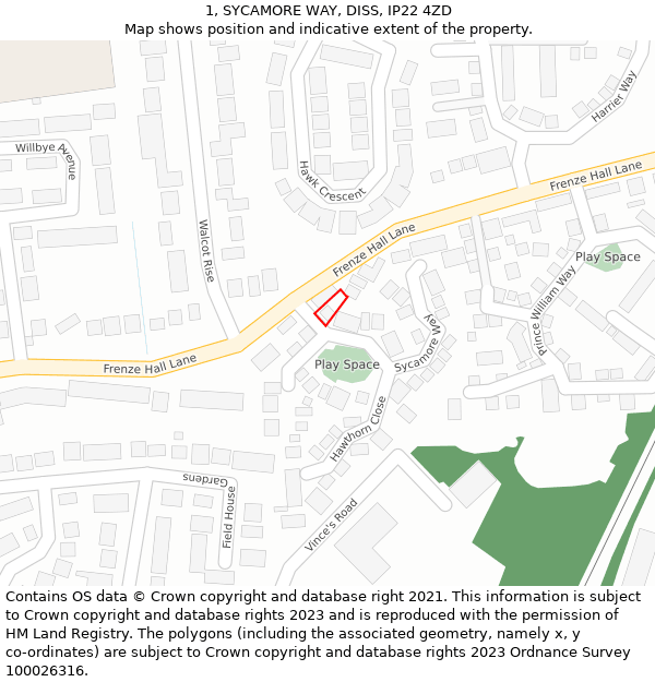 1, SYCAMORE WAY, DISS, IP22 4ZD: Location map and indicative extent of plot