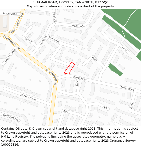 1, TAMAR ROAD, HOCKLEY, TAMWORTH, B77 5QG: Location map and indicative extent of plot