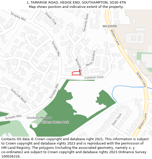 1, TAMARISK ROAD, HEDGE END, SOUTHAMPTON, SO30 4TN: Location map and indicative extent of plot