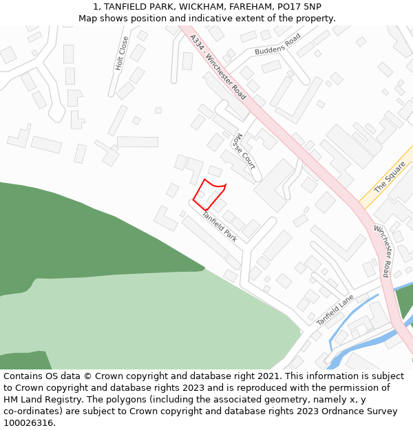 1, TANFIELD PARK, WICKHAM, FAREHAM, PO17 5NP: Location map and indicative extent of plot