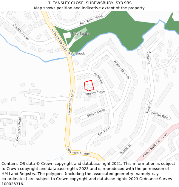 1, TANSLEY CLOSE, SHREWSBURY, SY3 9BS: Location map and indicative extent of plot