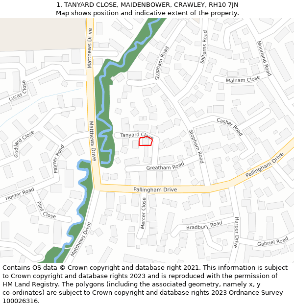 1, TANYARD CLOSE, MAIDENBOWER, CRAWLEY, RH10 7JN: Location map and indicative extent of plot