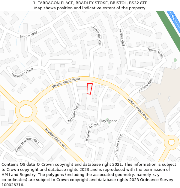 1, TARRAGON PLACE, BRADLEY STOKE, BRISTOL, BS32 8TP: Location map and indicative extent of plot